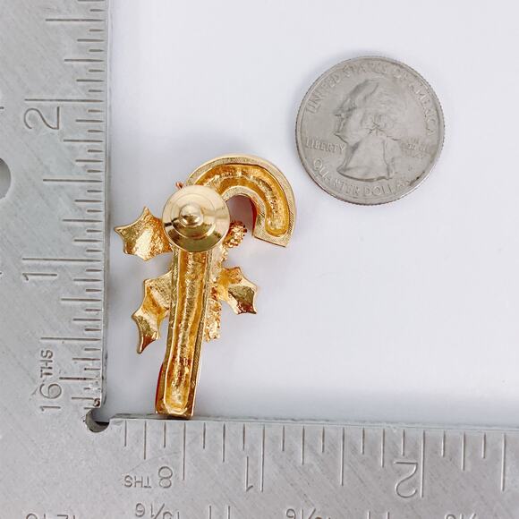 Enamel Candy Cane Christmas Pin Rhinestone Holly Festive Brooch Holiday Jewelry - Picture 8 of 8